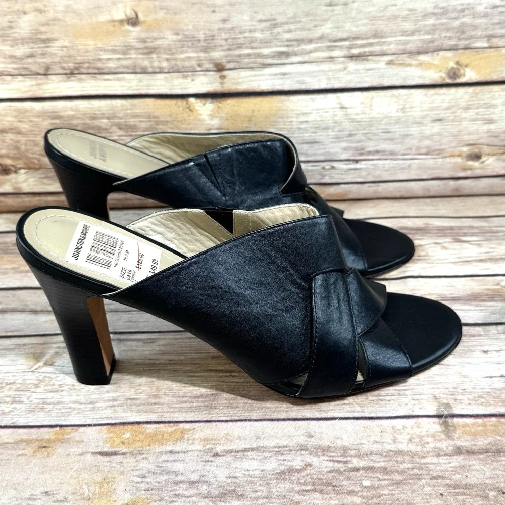 Johnston & Murphy Womens Black Woven Leather High Heel Mule Slip On Shoes 10M